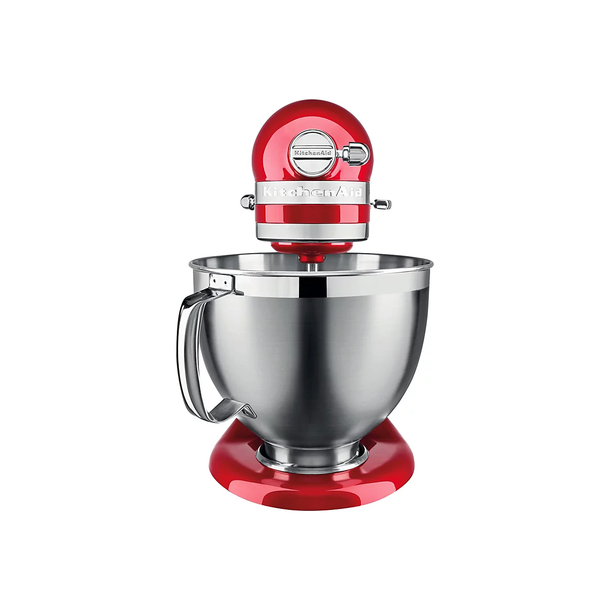 Rote KitchenAid Küchenmaschine mit glänzender Edelstahlschüssel vor weißem Hintergrund.