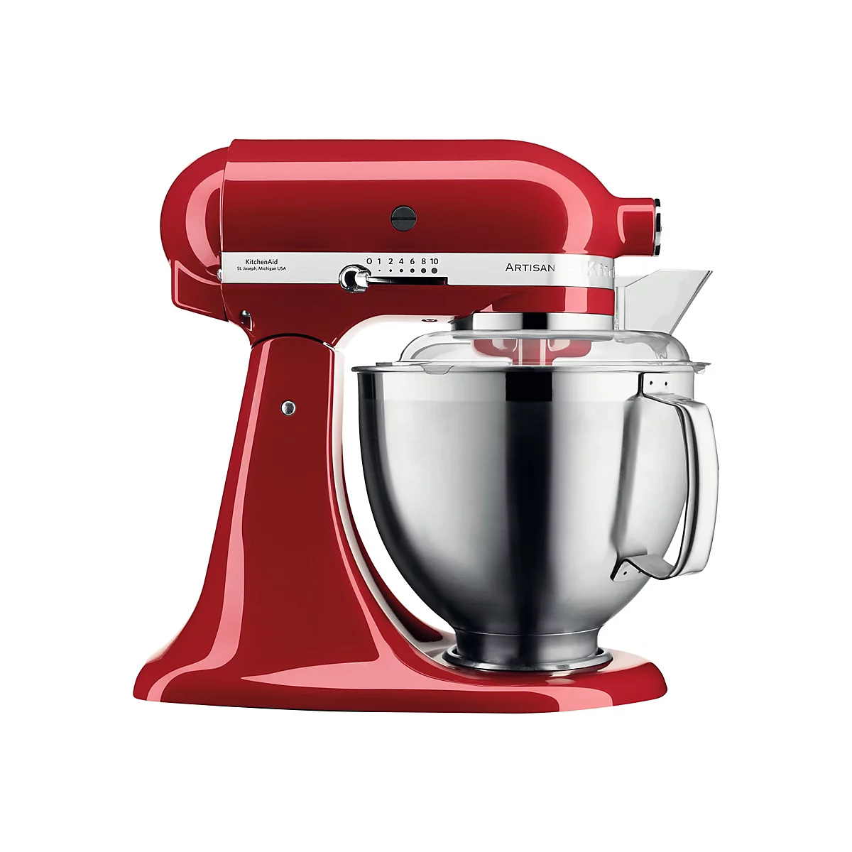Rote KitchenAid Artisan Küchenmaschine mit Edelstahlschüssel vor weißem Hintergrund.