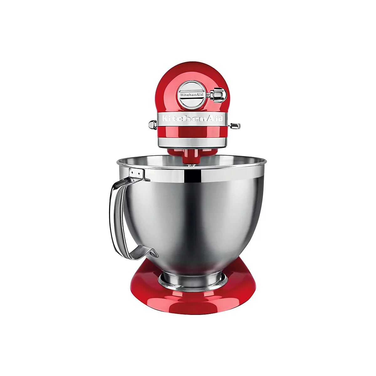 Rote KitchenAid Küchenmaschine mit glänzender Edelstahlschüssel vor weißem Hintergrund.