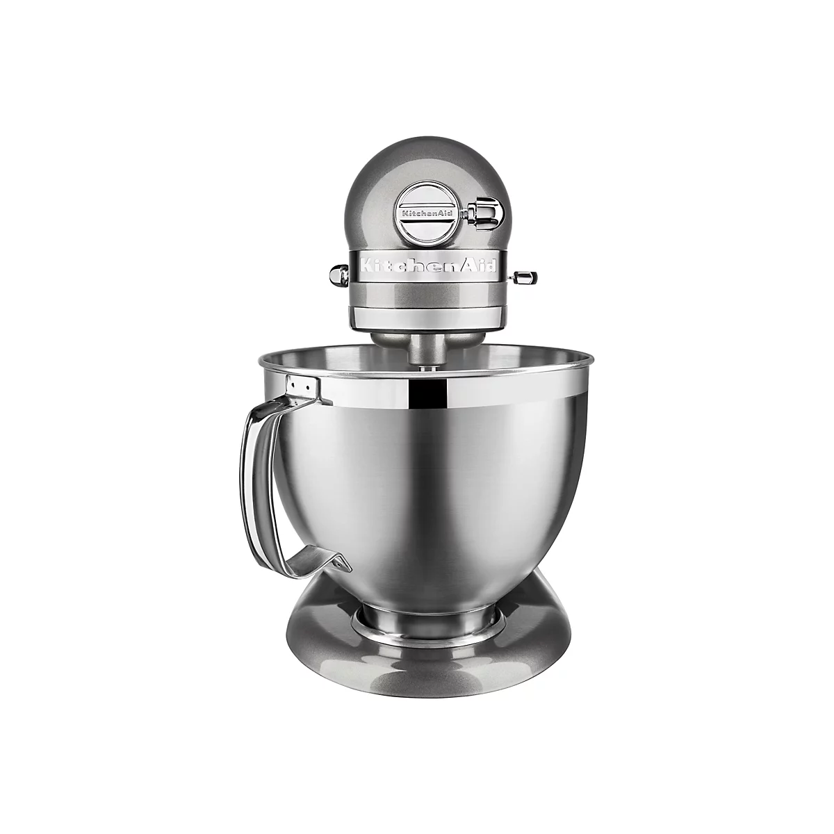 Graue KitchenAid Küchenmaschine vor weißem Hintergrund mit großer, polierter Edelstahlrührschüssel.