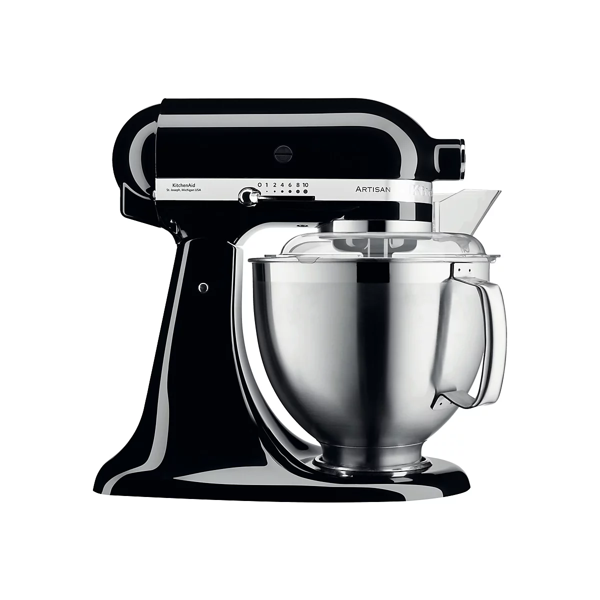 Schwarze KitchenAid Artisan Küchenmaschine mit Edelstahlschüssel und Spritzschutz vor weißem Hintergrund.