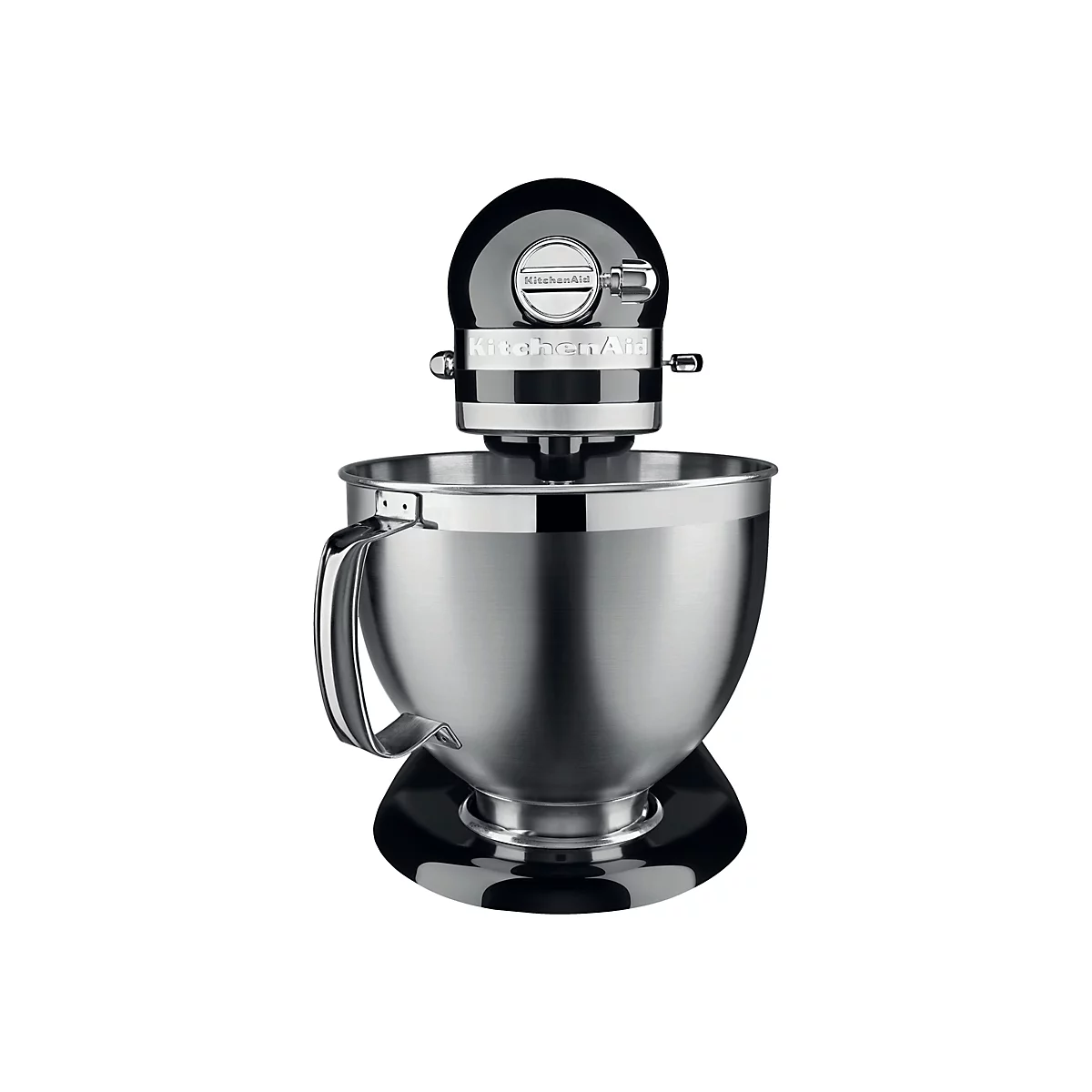 Schwarze KitchenAid Küchenmaschine mit Edelstahlschüssel vor weißem Hintergrund.