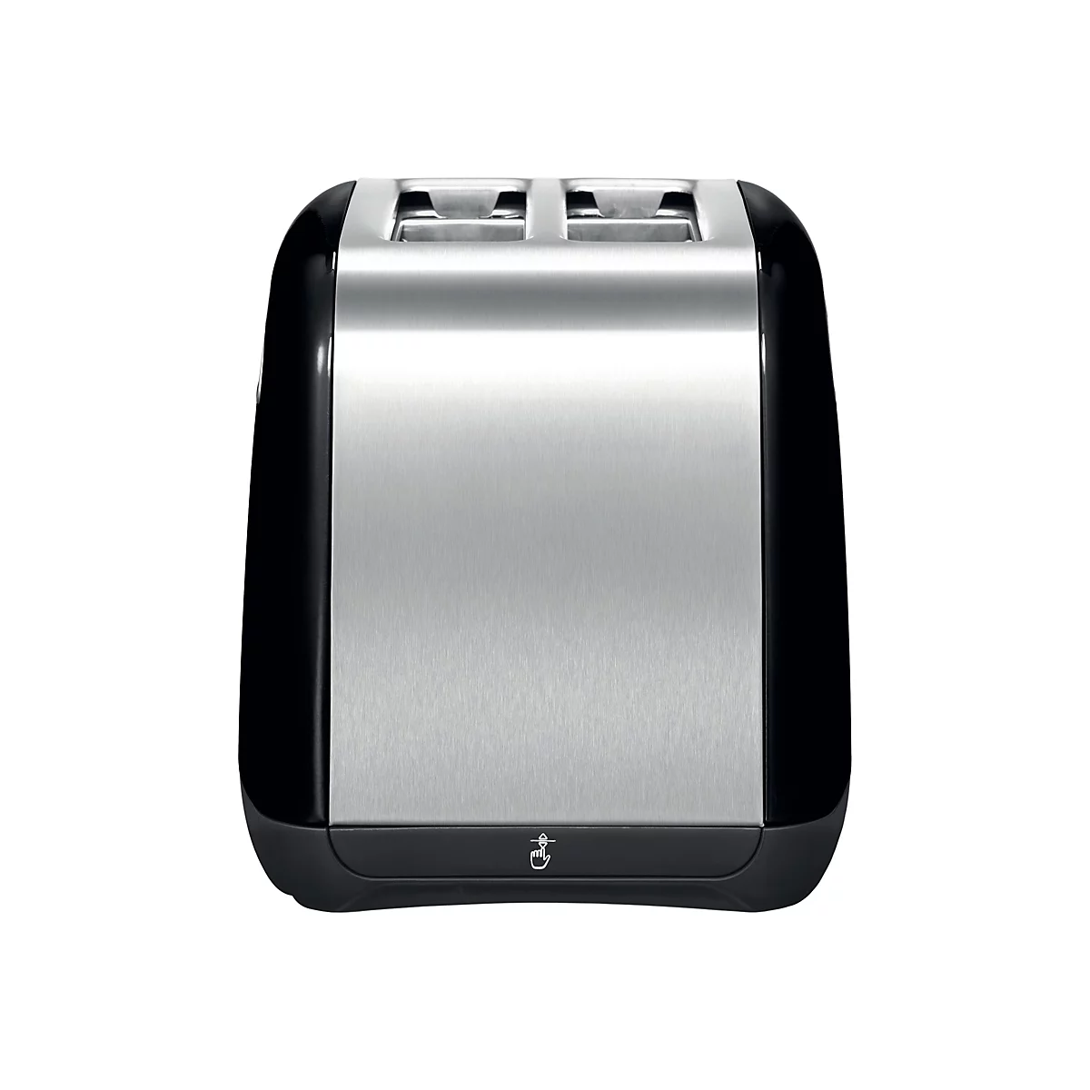 Elektrischer Toaster mit glänzendem Edelstahlgehäuse und schwarzen Seitenflächen vor weißem Hintergrund.