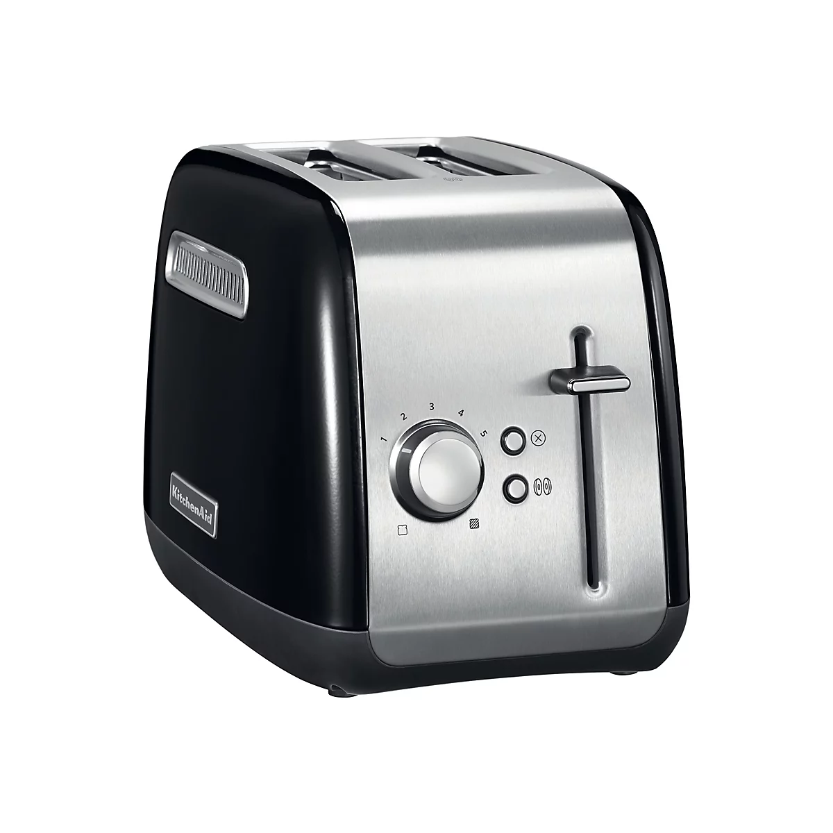Schwarzer KitchenAid 2-Schlitz-Toaster mit silberner Frontblende und Drehregler vor weißem Hintergrund.