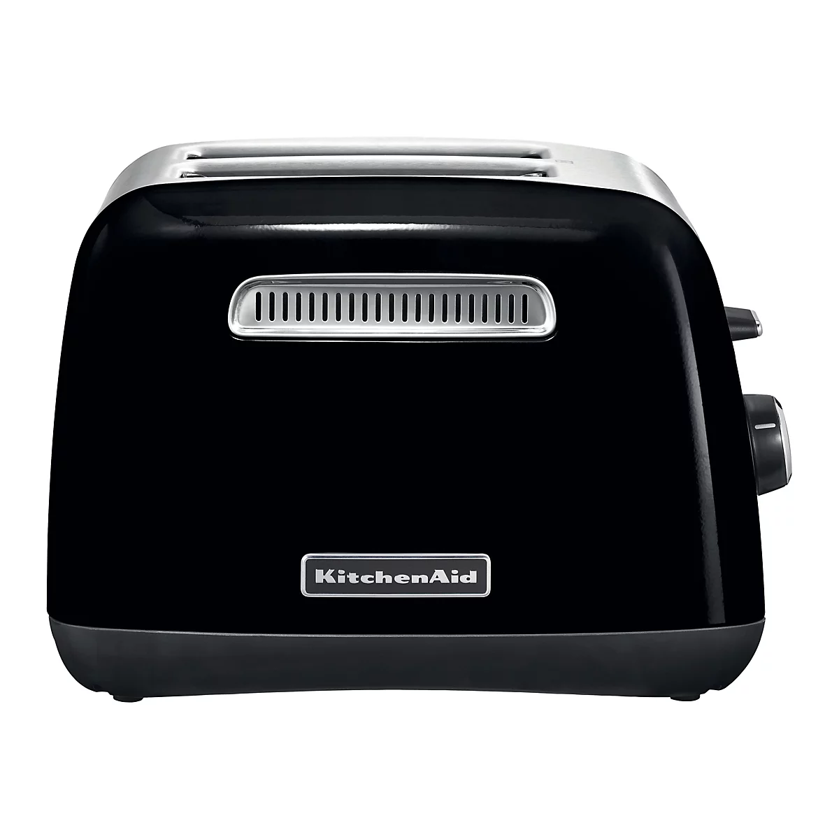 Schwarzer KitchenAid Toaster mit glänzendem Finish und silbernen Akzenten vor weißem Hintergrund.