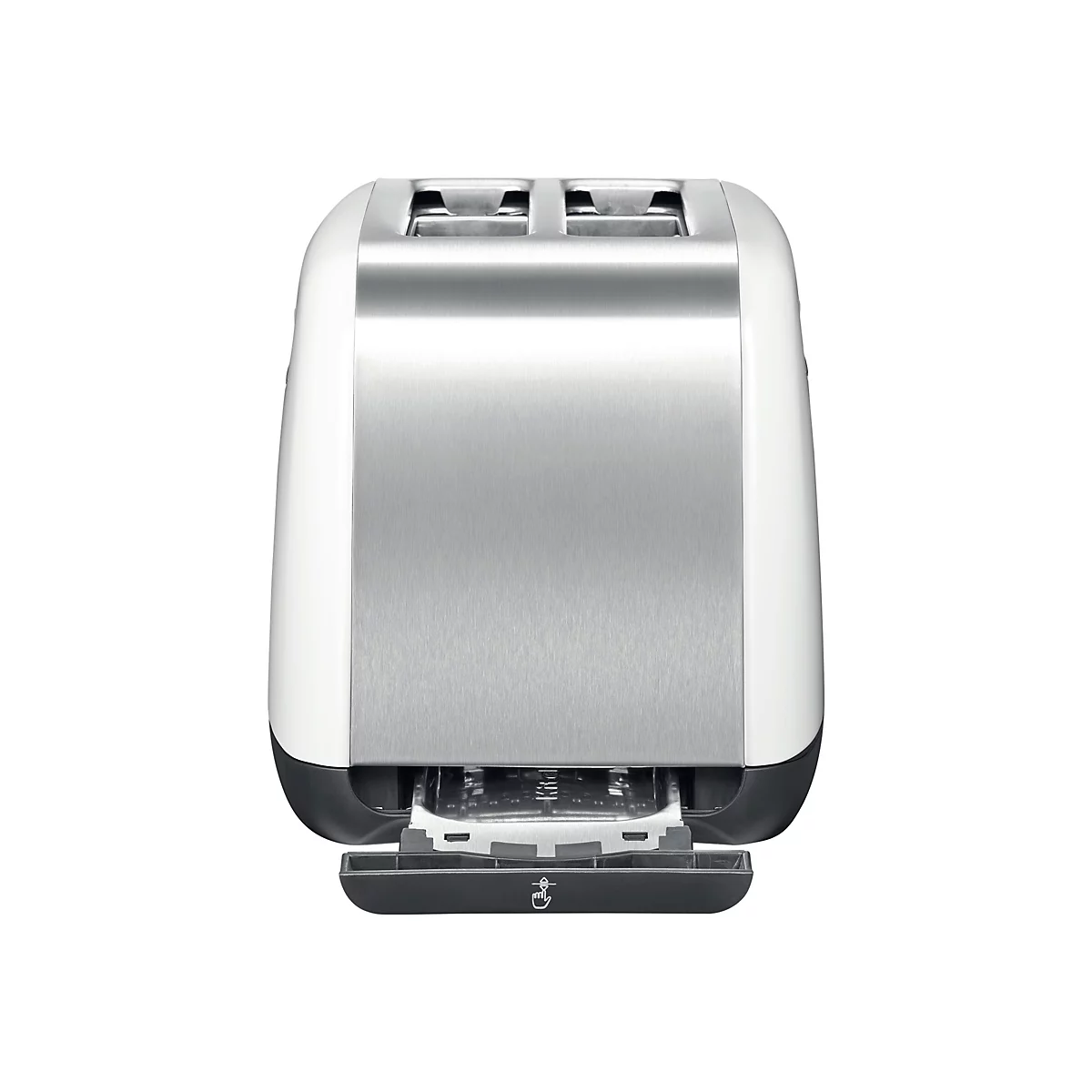 Silberner Toaster mit weißem Gehäuse und offener Krümelschublade vor weißem Hintergrund.