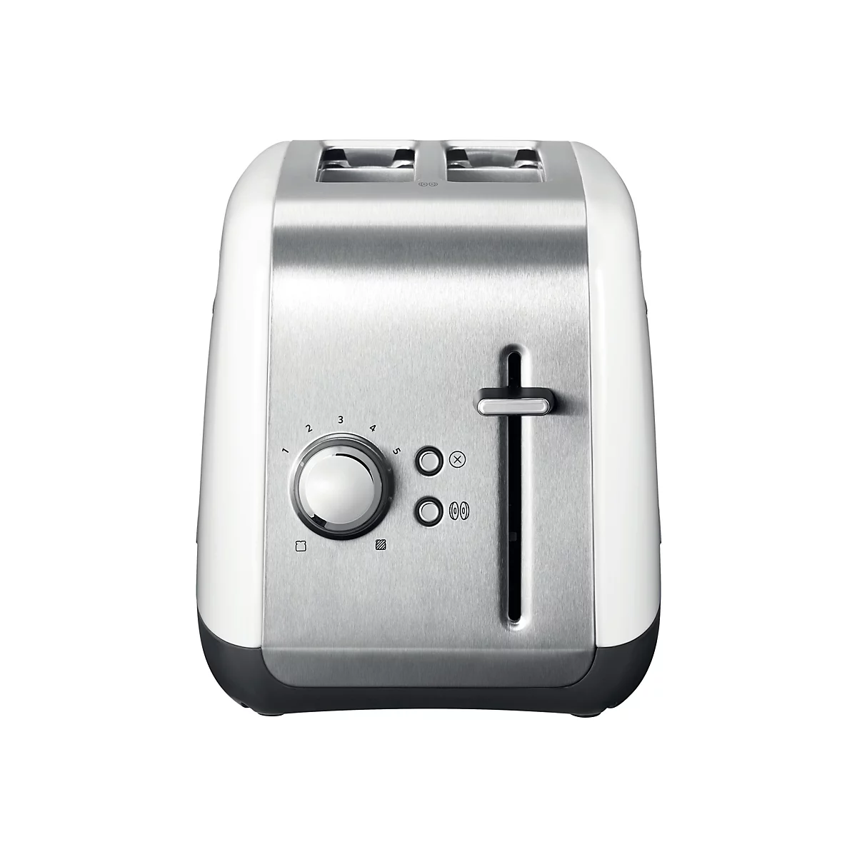 Moderner weiß-silberner Toaster mit zwei Schlitzen, Drehregler für Bräunungsstufen und seitlichem Hebel.