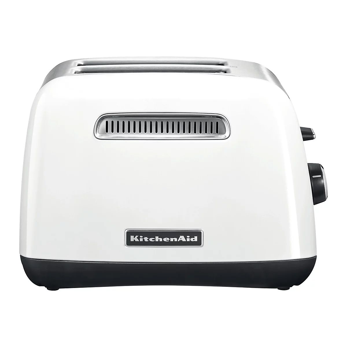 Weißer KitchenAid Toaster mit zwei Schlitzen vor weißem Hintergrund.