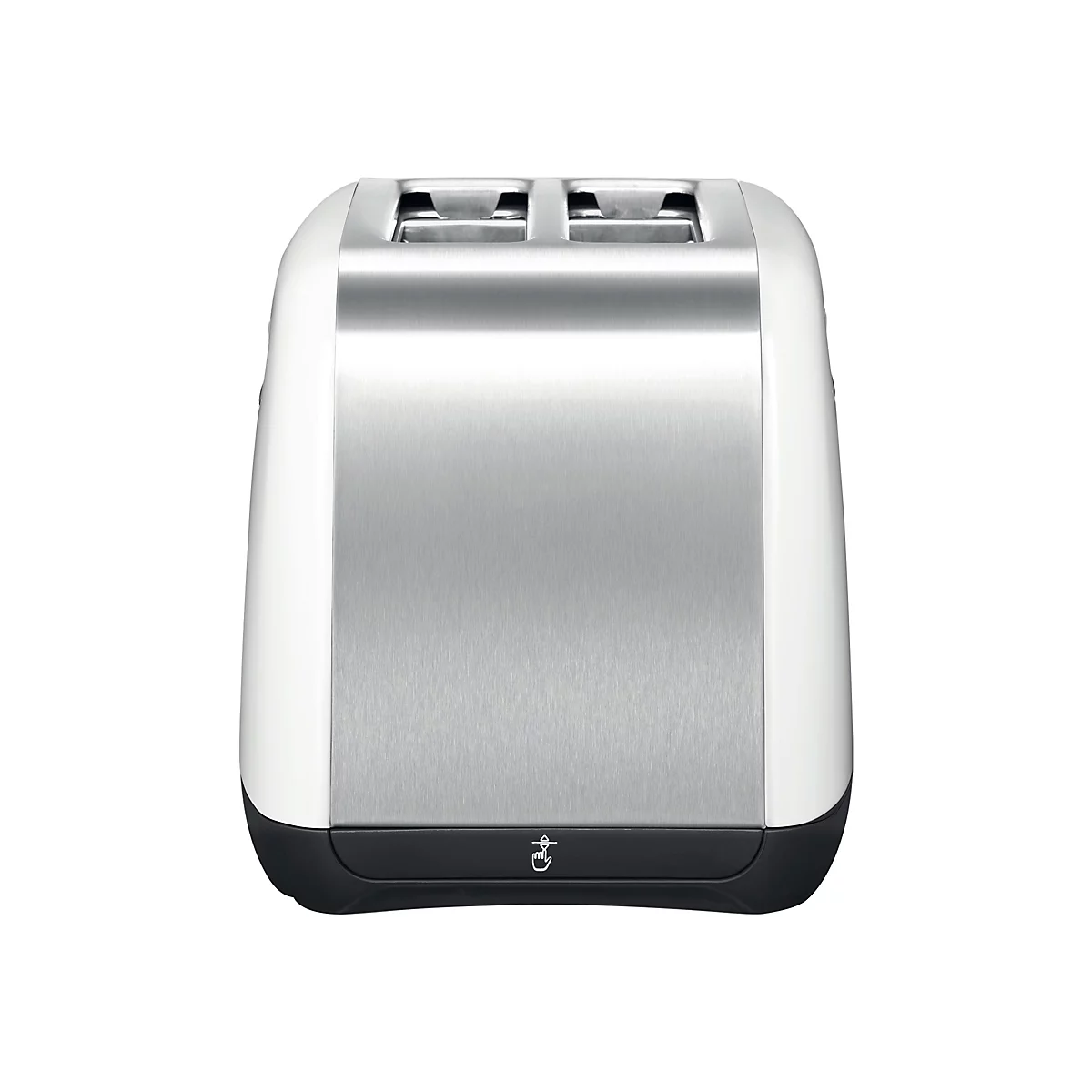 Moderner Doppelschlitz-Toaster in Weiß und Edelstahl vor weißem Hintergrund.