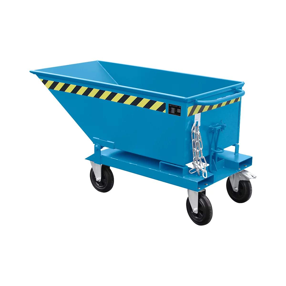 Blue tipping skip with wheels, yellow and black warning stripes, chains and handle.