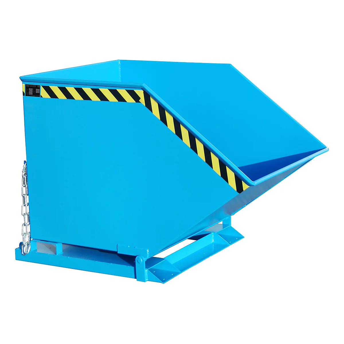 Blue painted tipping skip with yellow and black warning stripes. There is a chain on the side.