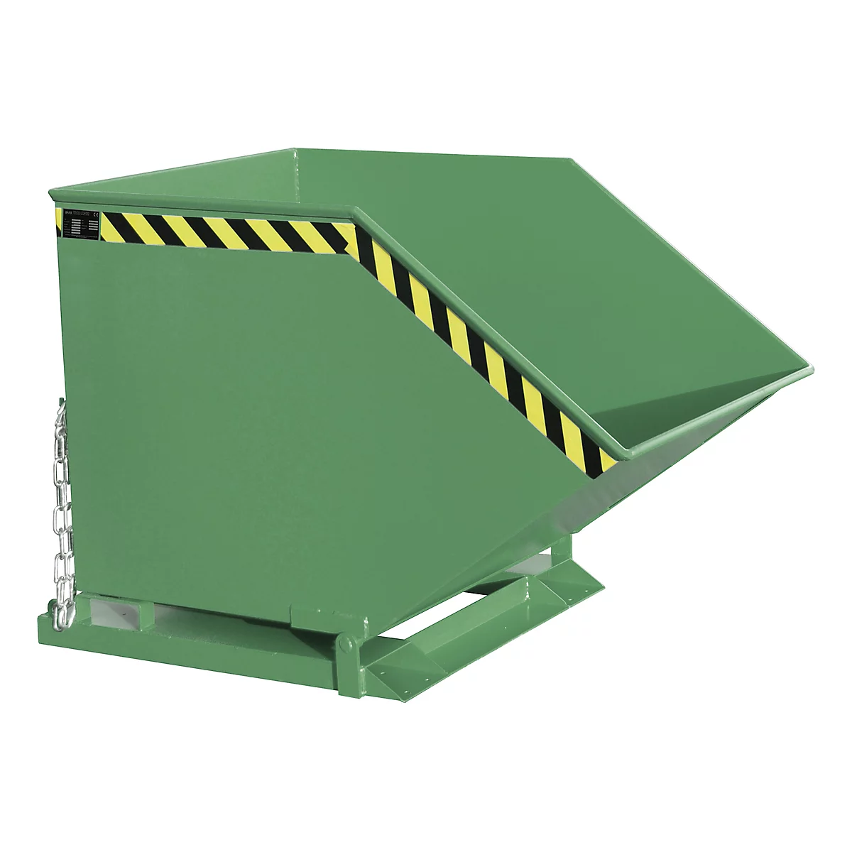 Green skip bin, slanted with yellow and black warning stripes. A chain and a metal frame on the side.