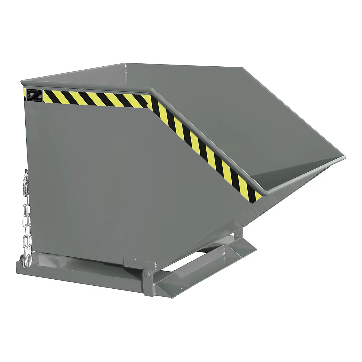 Gray tipping skip with yellow and black warning stripes. The skip is mounted on a frame.
