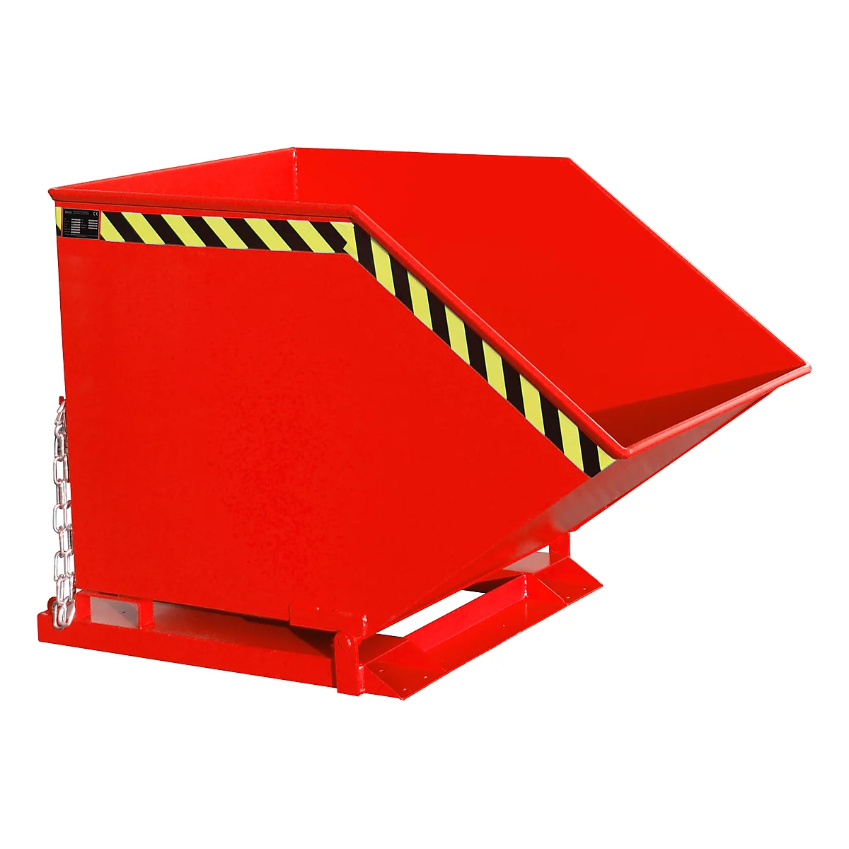 Red tipping container with yellow and black warning stripes, attached to chains.