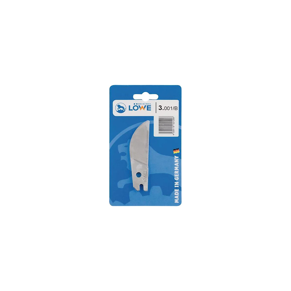 Lame de rechange pour sécateur, métal, emballée sur carton bleu.