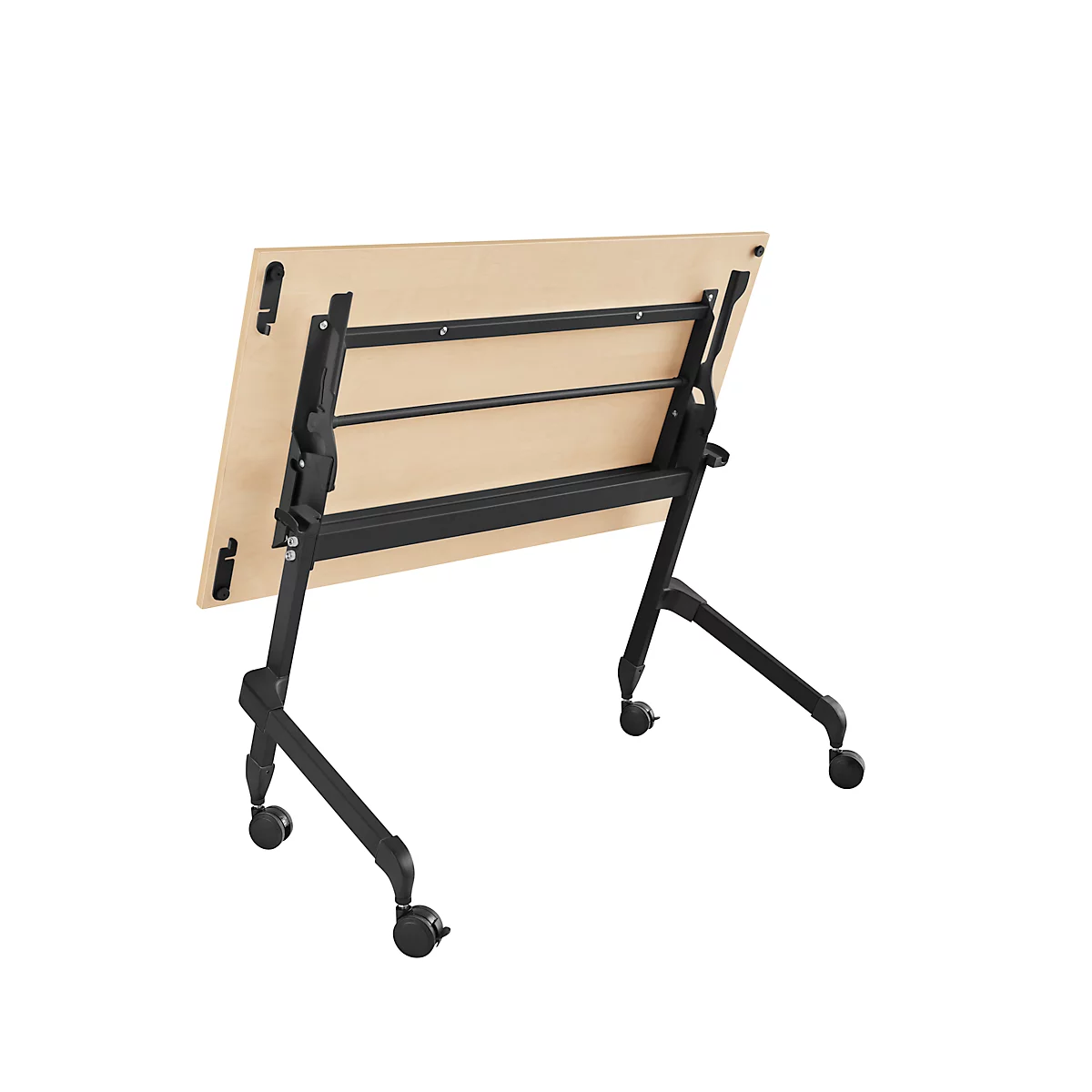 Klappbarer Schreibtisch, mit 4 feststellbaren Rollen, Rechteck, Rundrohr, B 1200 x T 600 x H 720 mm, Ahorn-Dekor/schwarz