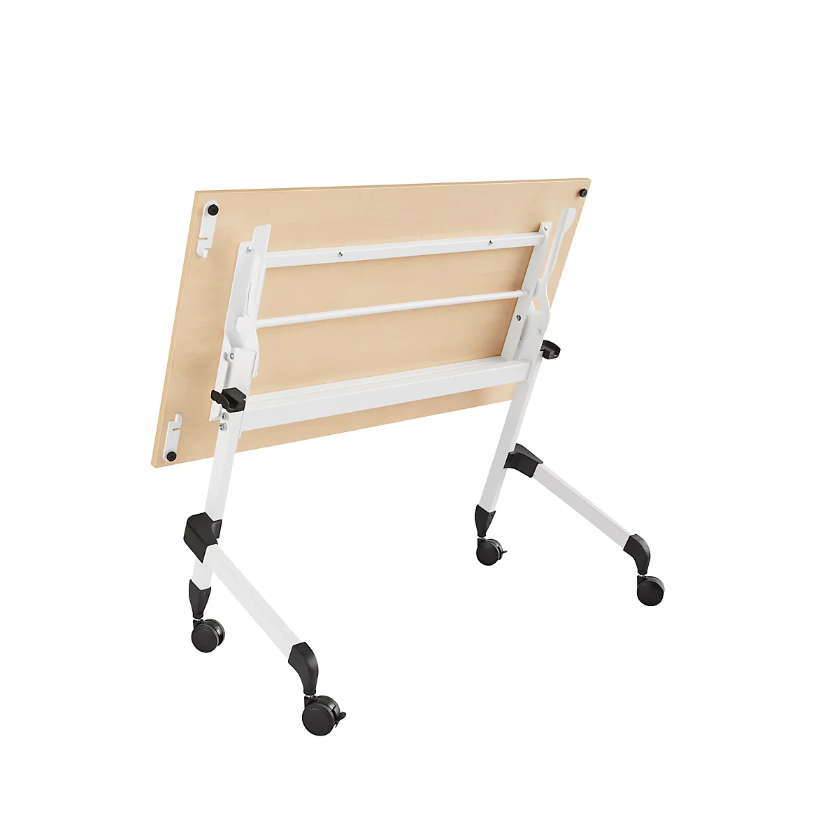 Klappbarer Schreibtisch, mit 4 feststellbaren Rollen, Rechteck, Rundrohr, B 1200 x T 600 x H 720 mm, Ahorn-Dekor/weiß