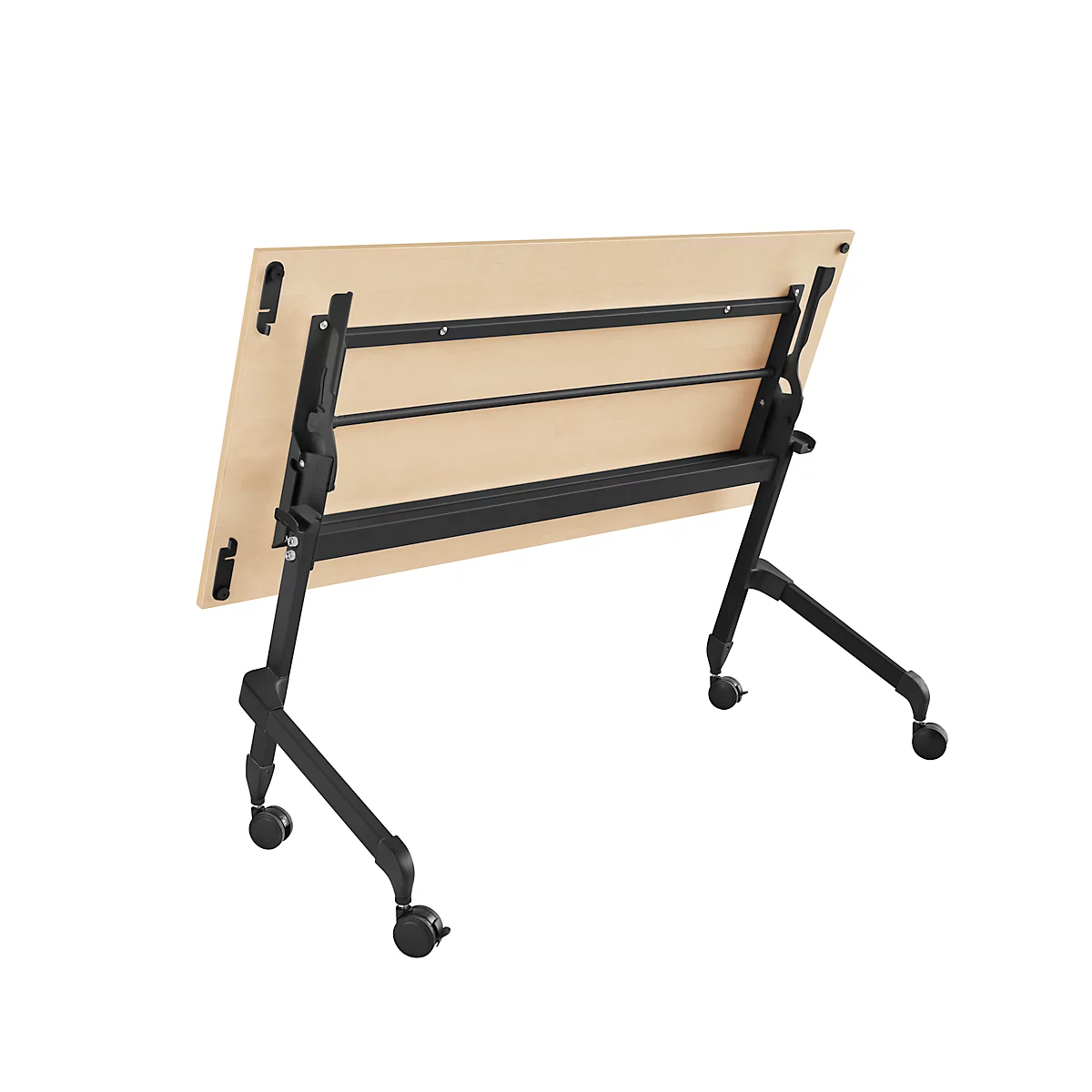 Klappbarer Schreibtisch, mit 4 feststellbaren Rollen, Rechteck, Rundrohr, B 1400 x T 600 x H 720 mm, Ahorn-Dekor/schwarz