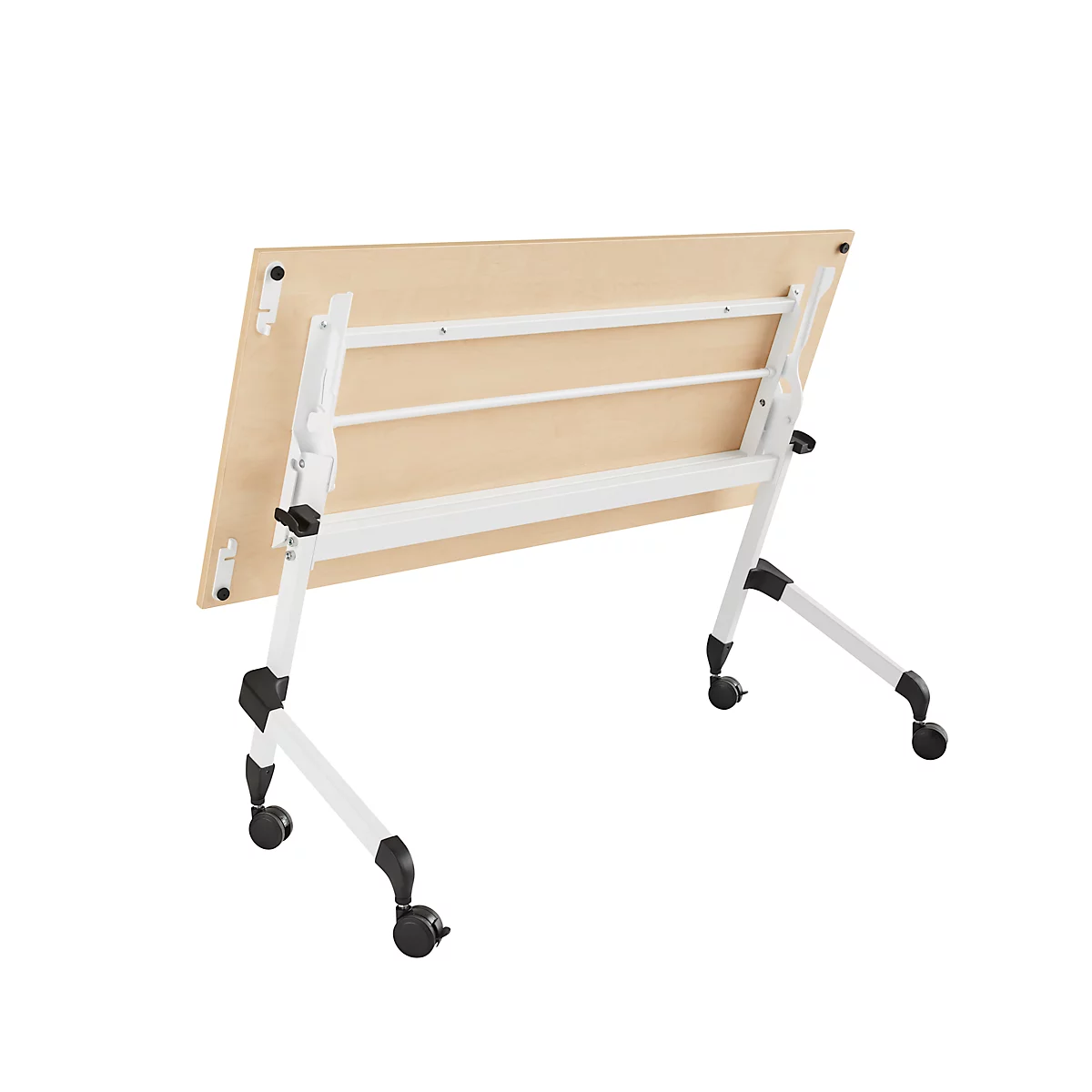 Klappbarer Schreibtisch, mit 4 feststellbaren Rollen, Rechteck, Rundrohr, B 1400 x T 600 x H 720 mm, Ahorn-Dekor/weiß