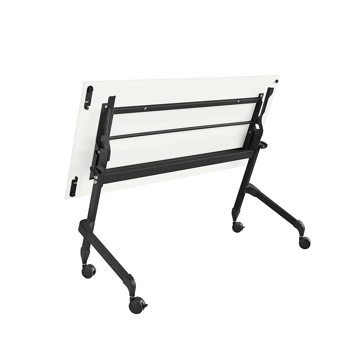 Klappbarer Schreibtisch, mit 4 feststellbaren Rollen, Rechteck, Rundrohr, B 1400 x T 600 x H 720 mm, weiß/schwarz
