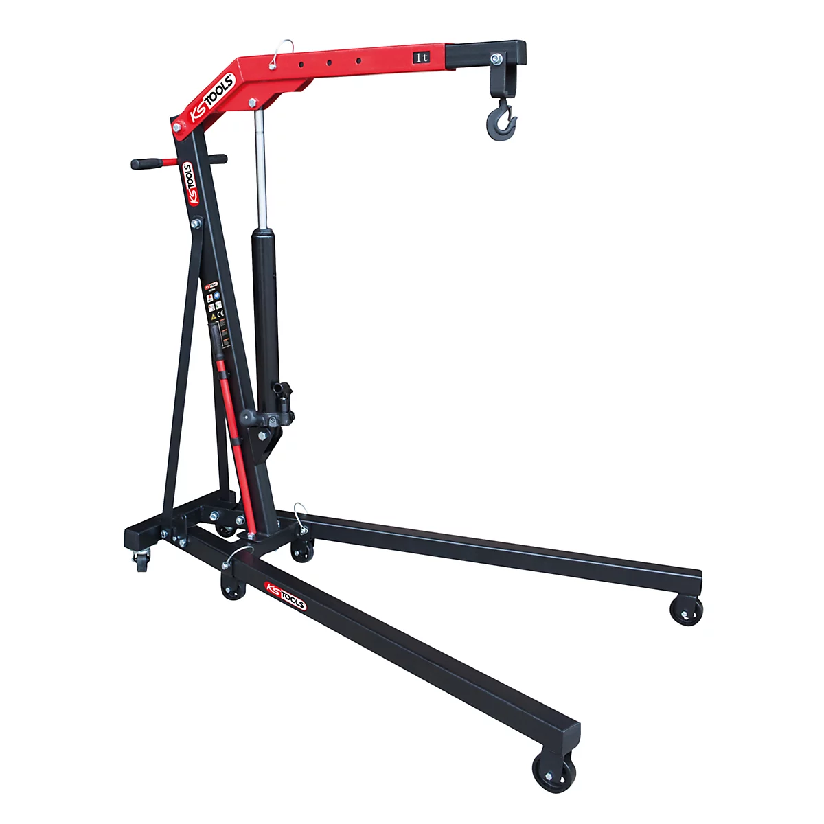 Schwarze Motorheber mit roter Verlängerung. Auf Rollen, Haken zum Anheben.