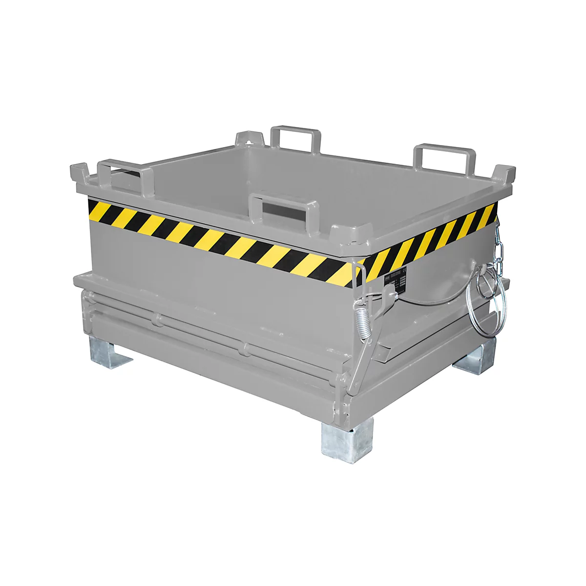 Graue Transportbox, mit gelb-schwarzem Warnband. Die Box steht auf Metallfüßen und hat an den Seiten Griffe.
