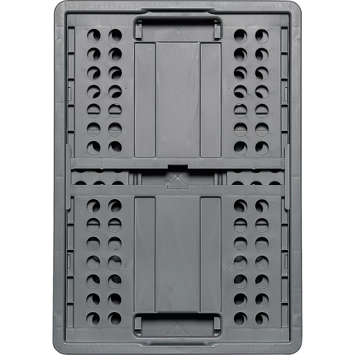 Graue, zusammengeklappte Transportbox mit Griff. Sichtbar sind Löcher, ein Verbindungsmechanismus und Verstärkungen.