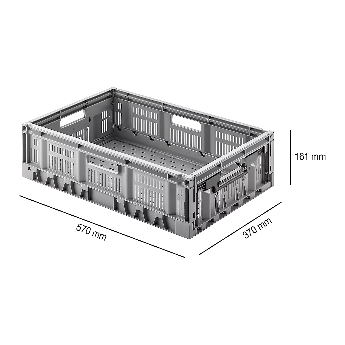 Graue, rechteckige Faltbox mit den Maßen 570 x 370 x 161 mm. Sie ist mit Lüftungsschlitzen versehen und für den Transport vorgesehen.