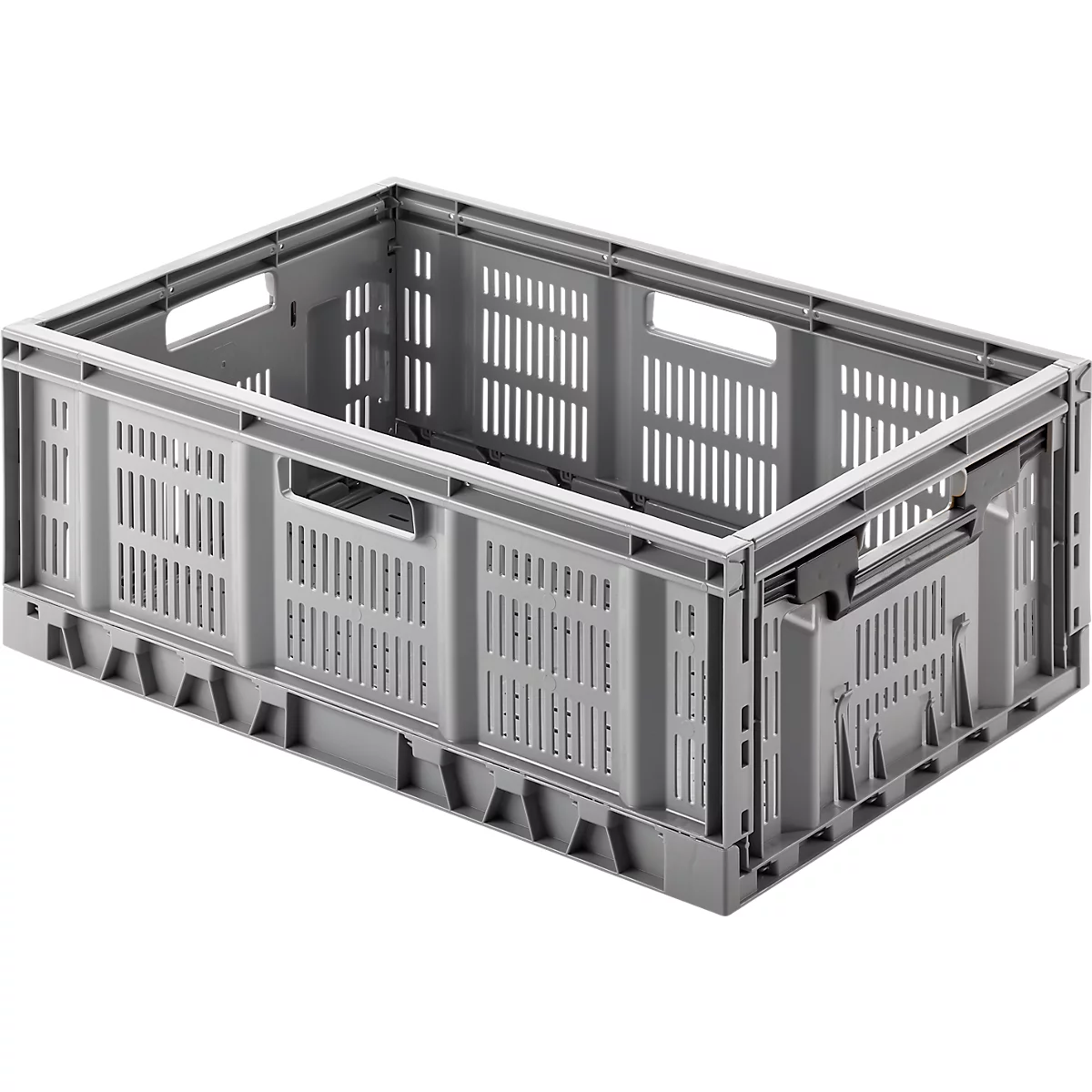 Graue, faltbare Transportbox mit orangefarbenen Griffen.