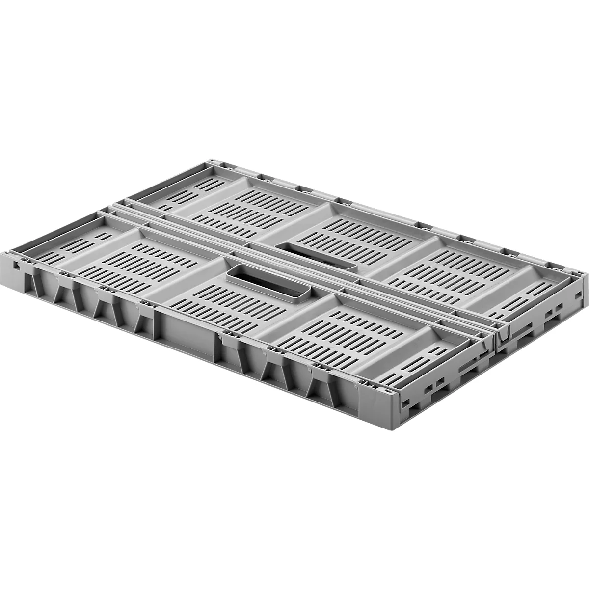 Hellgraue, offene Kunststoffbox mit Löchern in den Seiten und der Mitte, diagonale Ansicht.