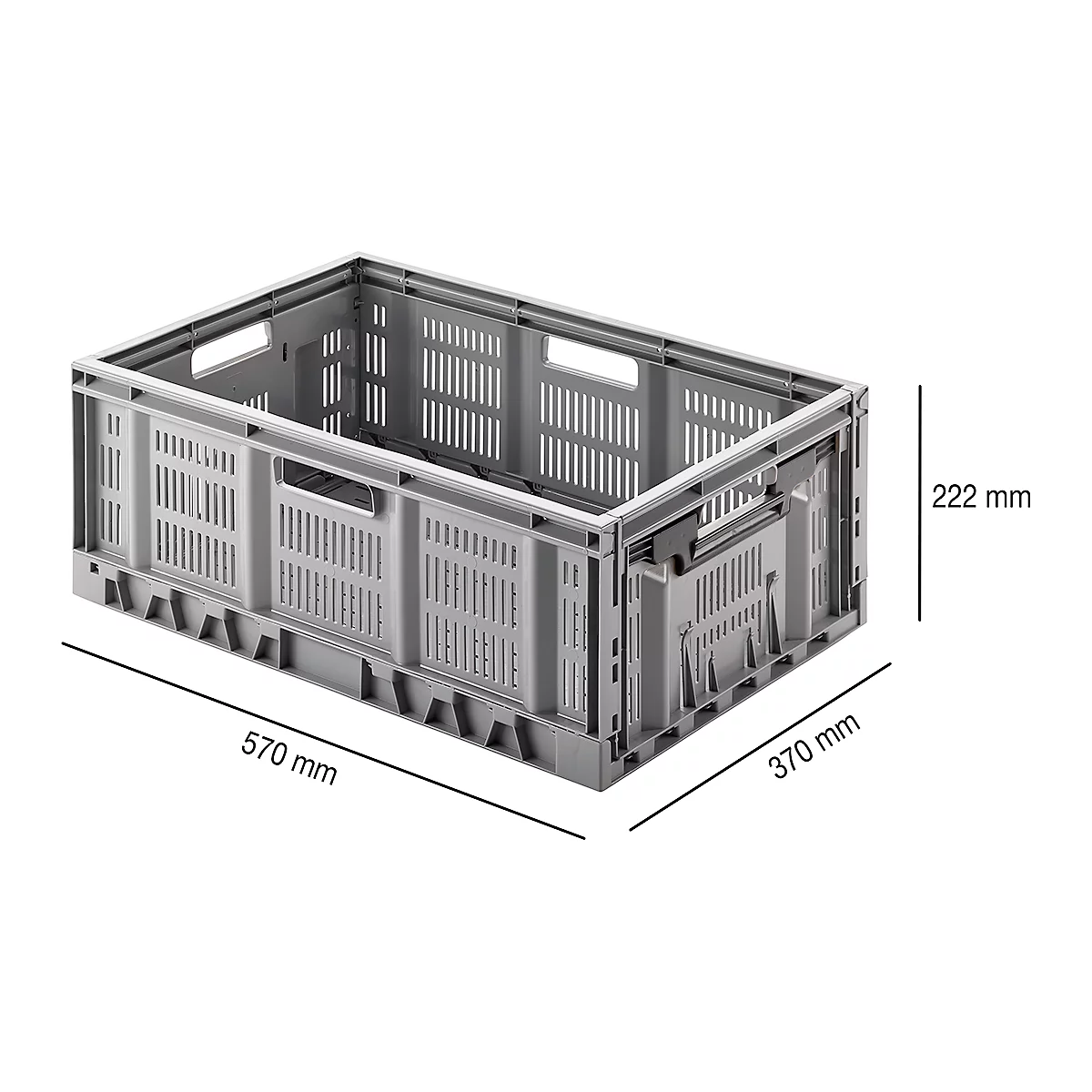 Hellgraue, faltbare Transportbox mit Maßangaben: 570 mm x 370 mm x 222 mm.