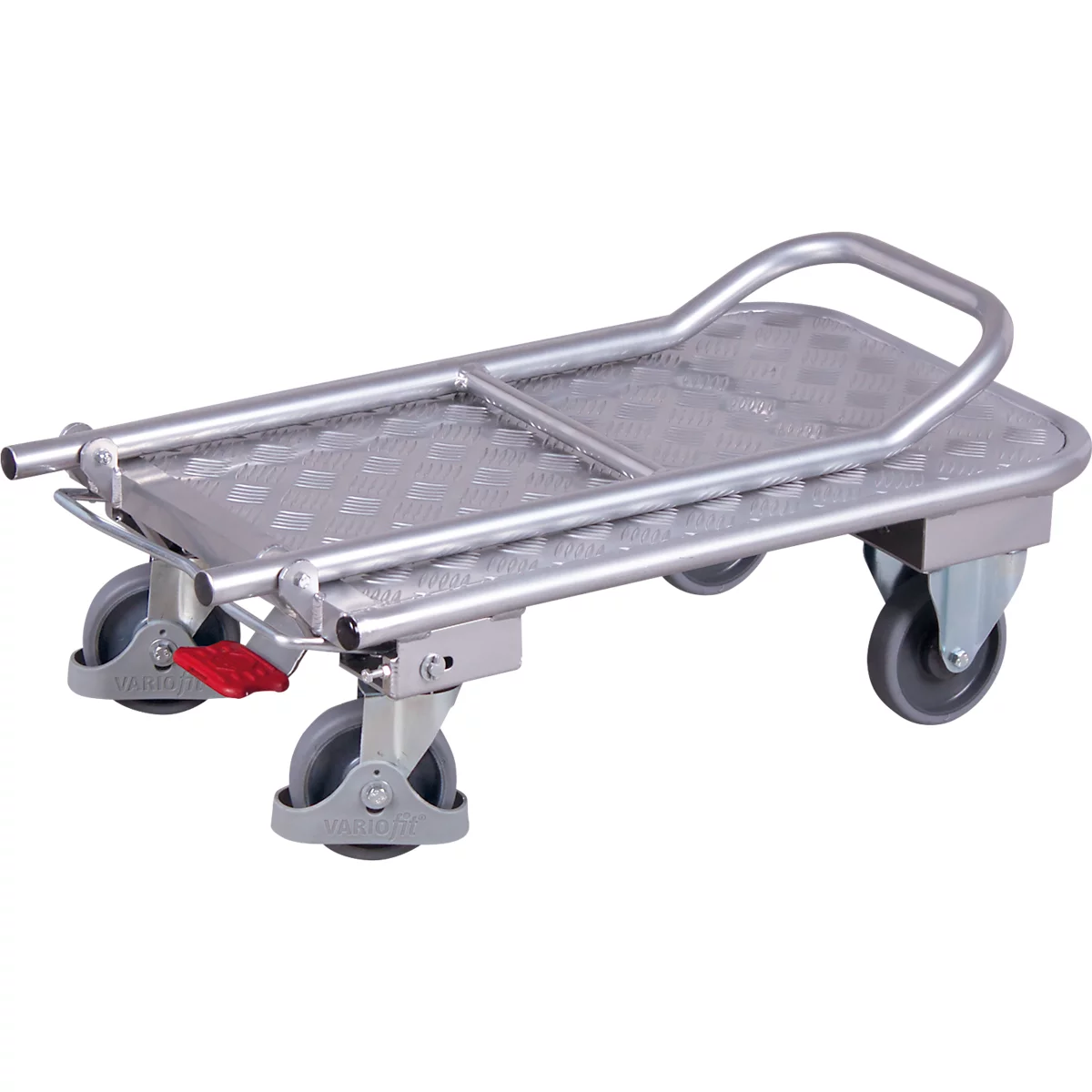 Klappbügelwagen, Aluminium/ Riffelblech, alusilber, L 720 x B 450 mm, klappbarer mit Querstrebe, TPE-Rollen mit EasySTOP, bis 150 kg