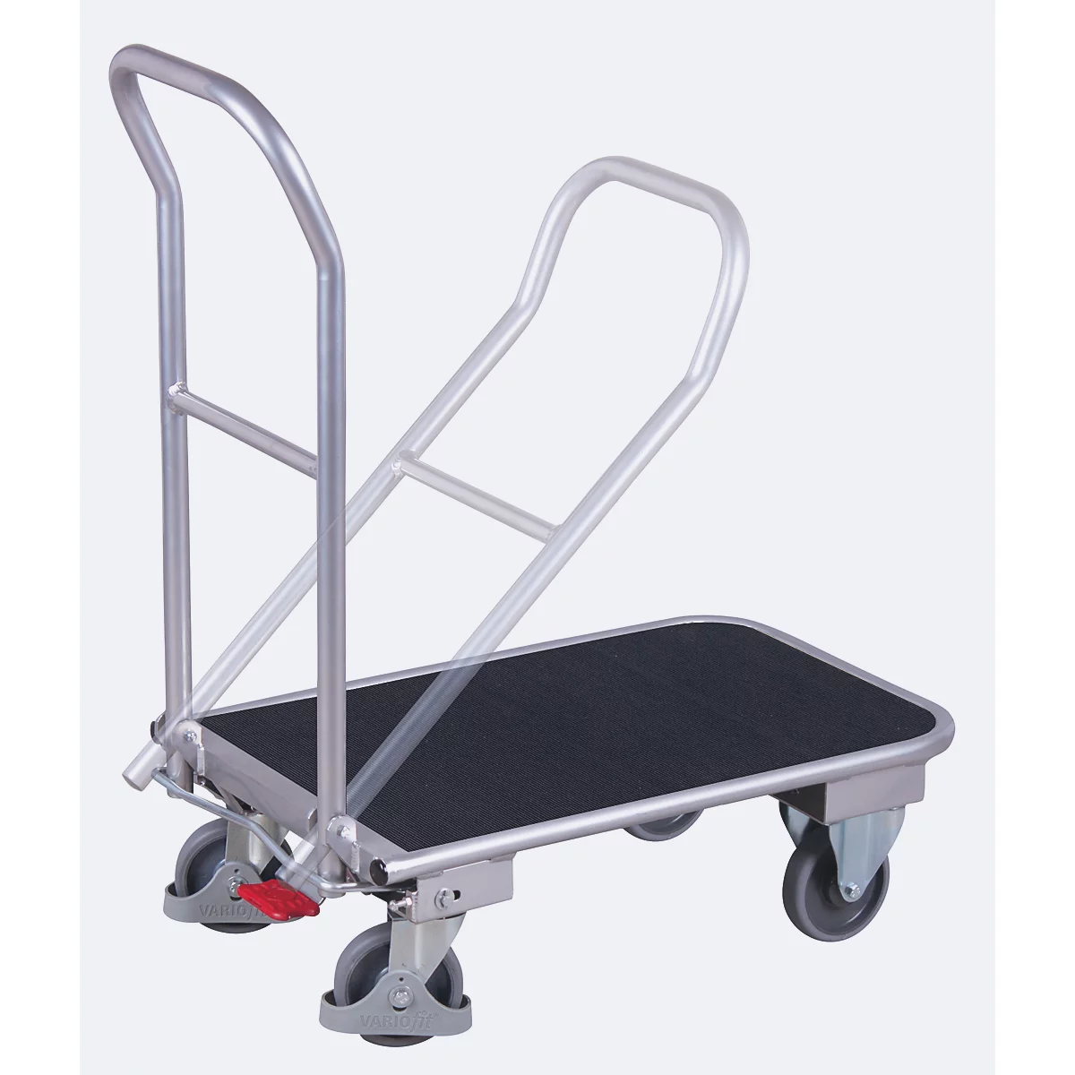 Klappbügelwagen, Aluminium/ Riffelblech, Gummi, alusilber/schwarz, L 720 x B 450 mm, klappbarer mit Querstrebe, TPE-Rollen mit EasySTOP, bis 150 kg