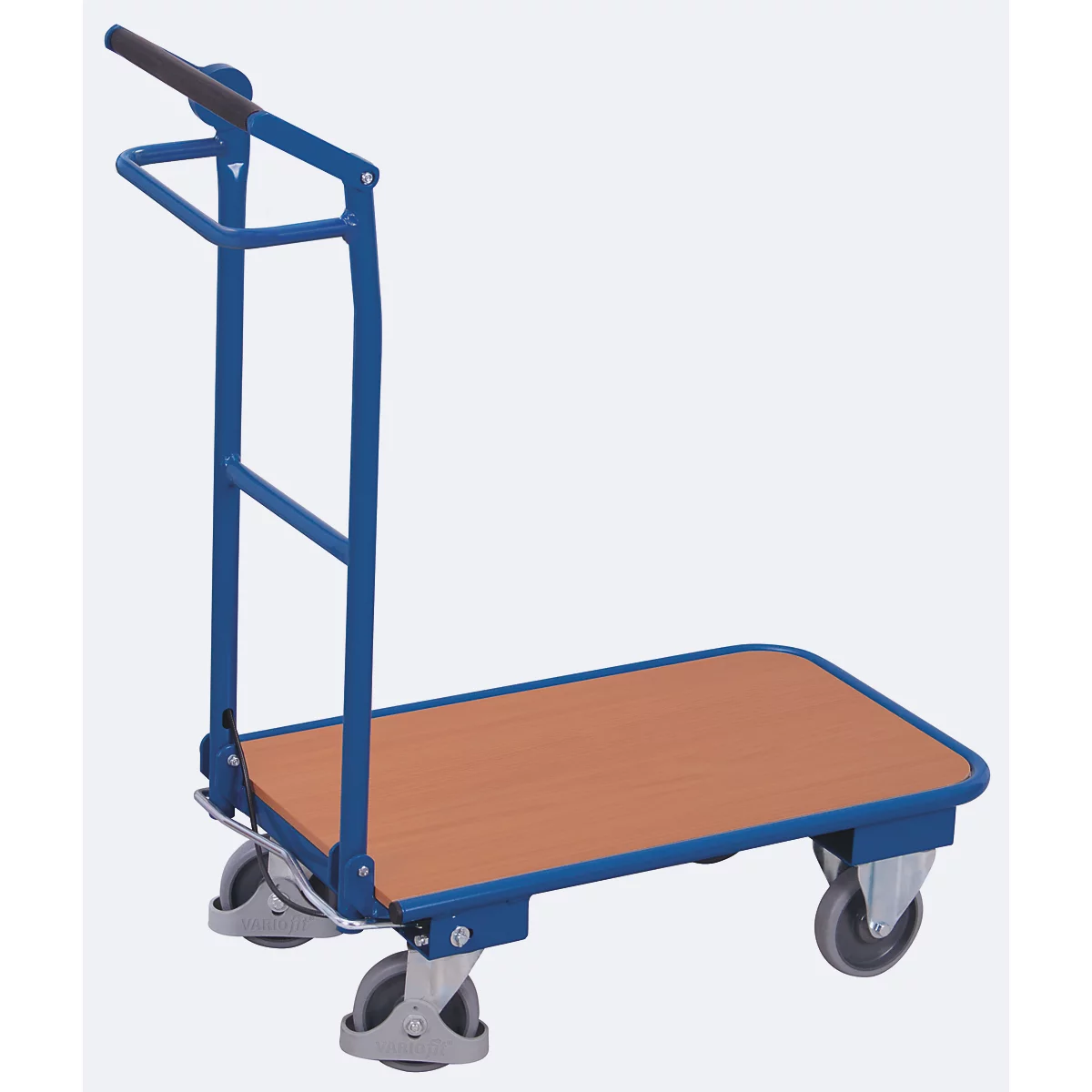 Klappbügelwagen, Stahl/MDF-Platte, Enzianblau/Buche-Dekor, L 720 x B 450 mm, Rohrschiebegriff mit Querstrebe, TPE-Rollen mit Totmannbremse, 150 kg