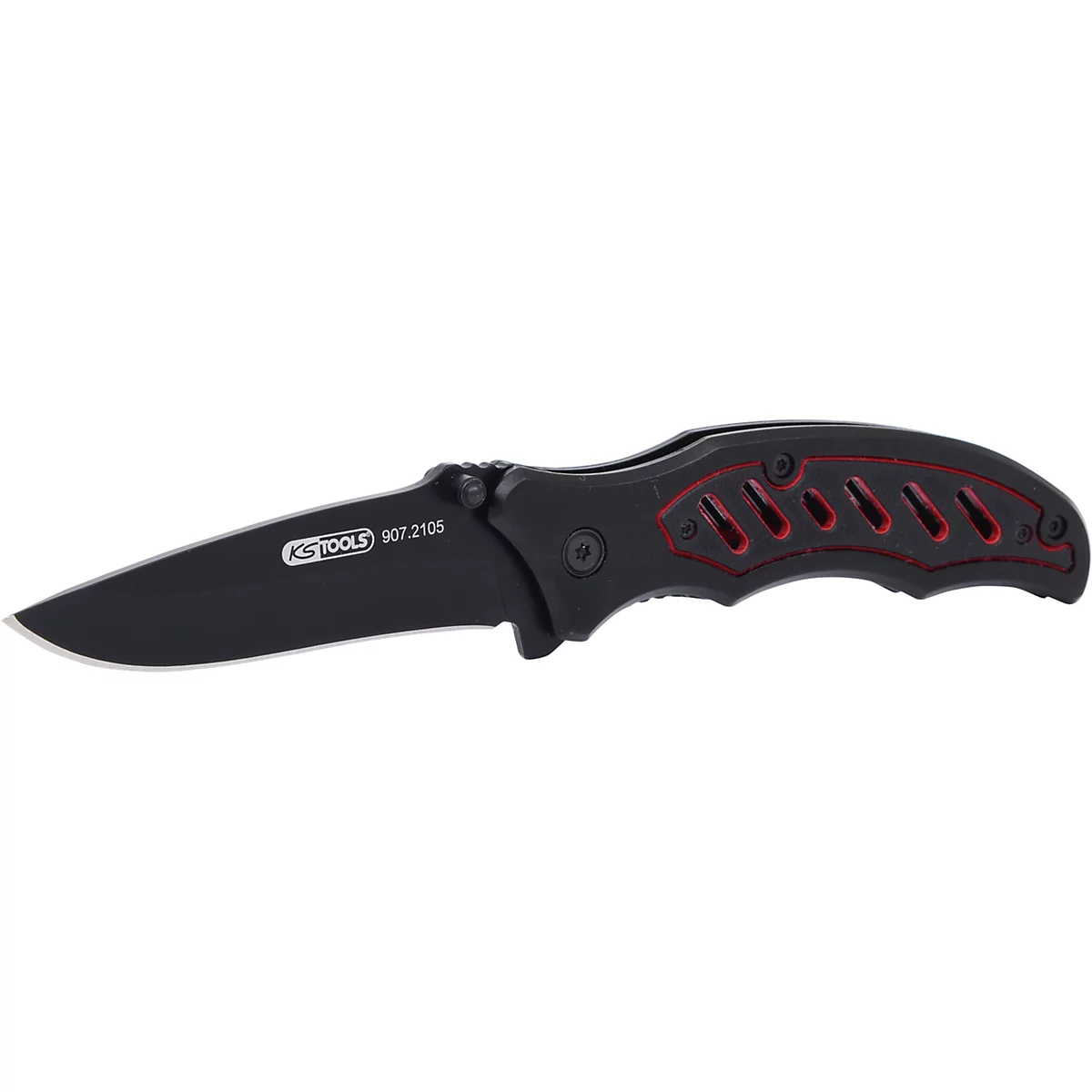 Schwarzes Taschenmesser mit roter Akzentfarbe. Auf der Klinge ist der Markenname und eine Artikelnummer zu sehen.
