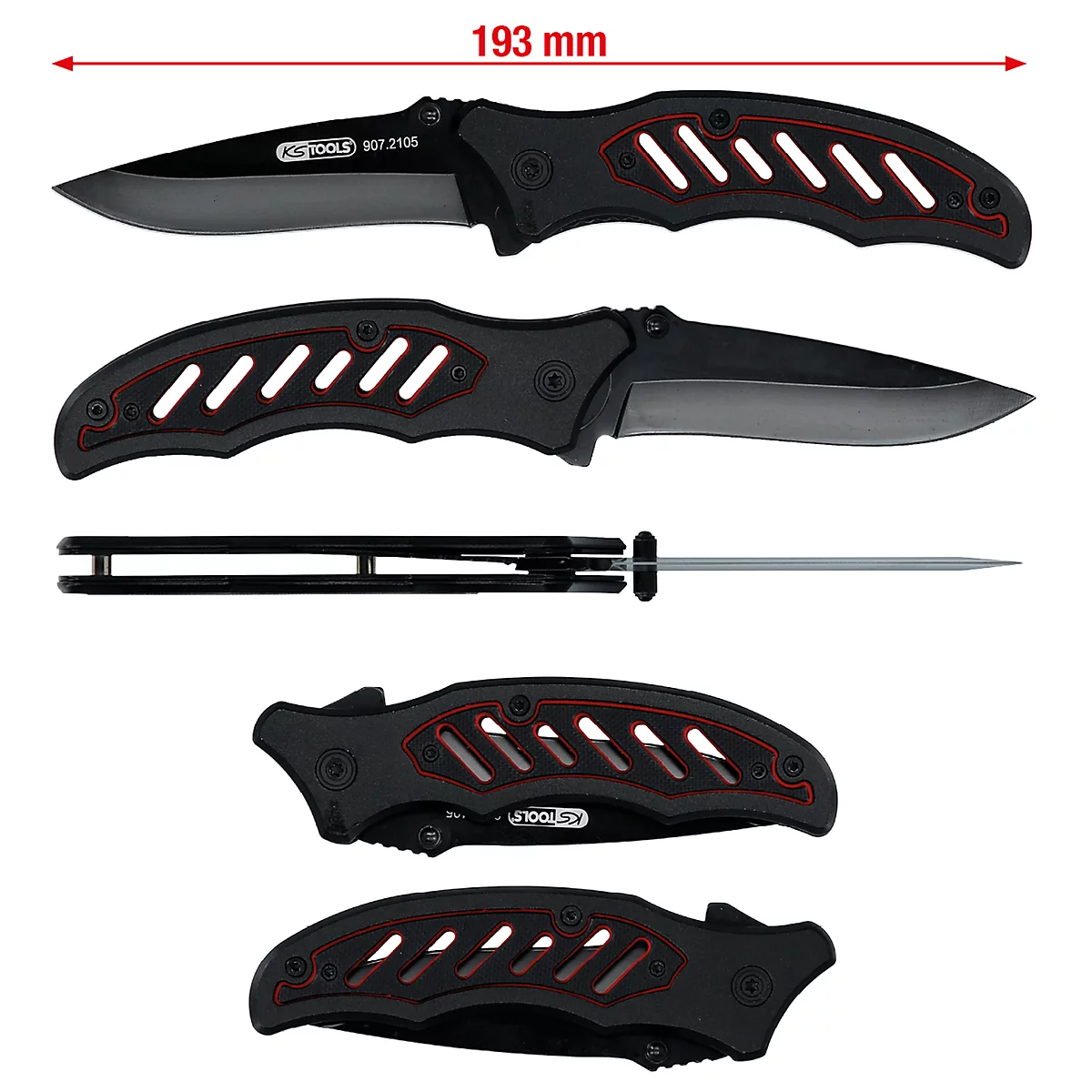 Verschiedene Ansichten eines schwarzen Klappmessers mit roter Kontur, Klinge offen und geschlossen. Die Klingen sind dunkel und die Griffe schwarz.