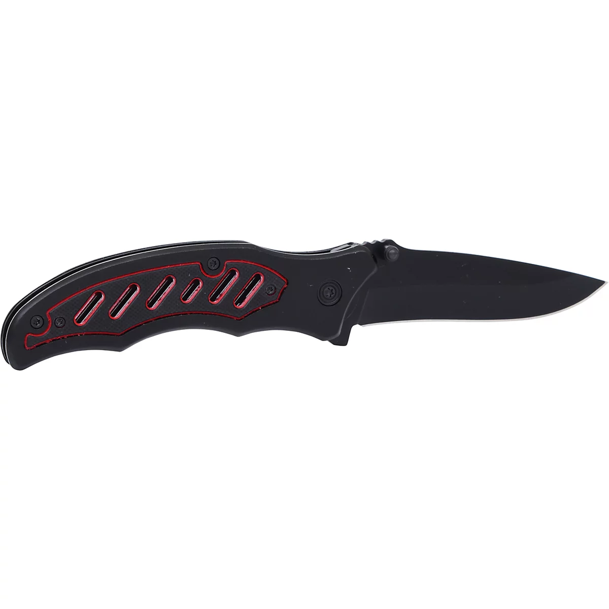 Schwarzes Taschenmesser mit roter Umrandung an Griff. Geschlossene Klinge.