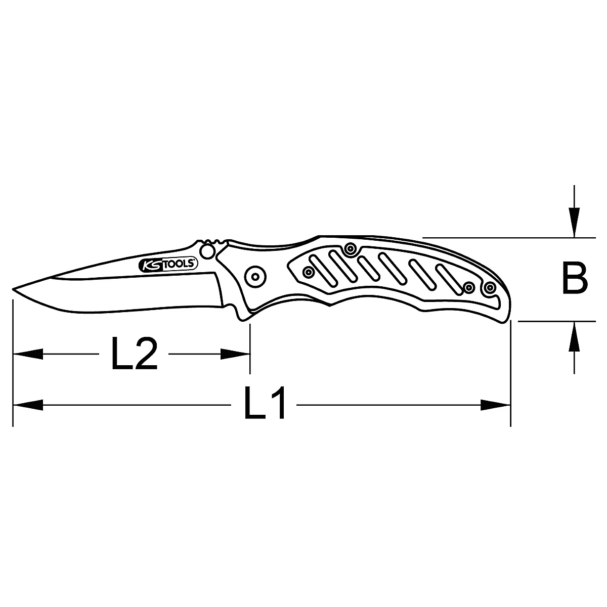 Draufsicht auf ein Klappmesser. Auf der Klinge steht "KS TOOLS". Es gibt Maßangaben L1, L2 und B.