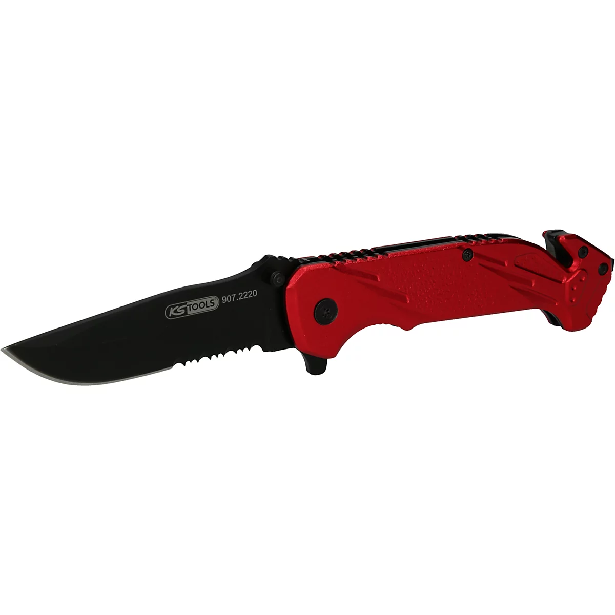 Schwarzes Messer mit rotem Griff. Auf der Klinge steht KS TOOLS 907.2220.