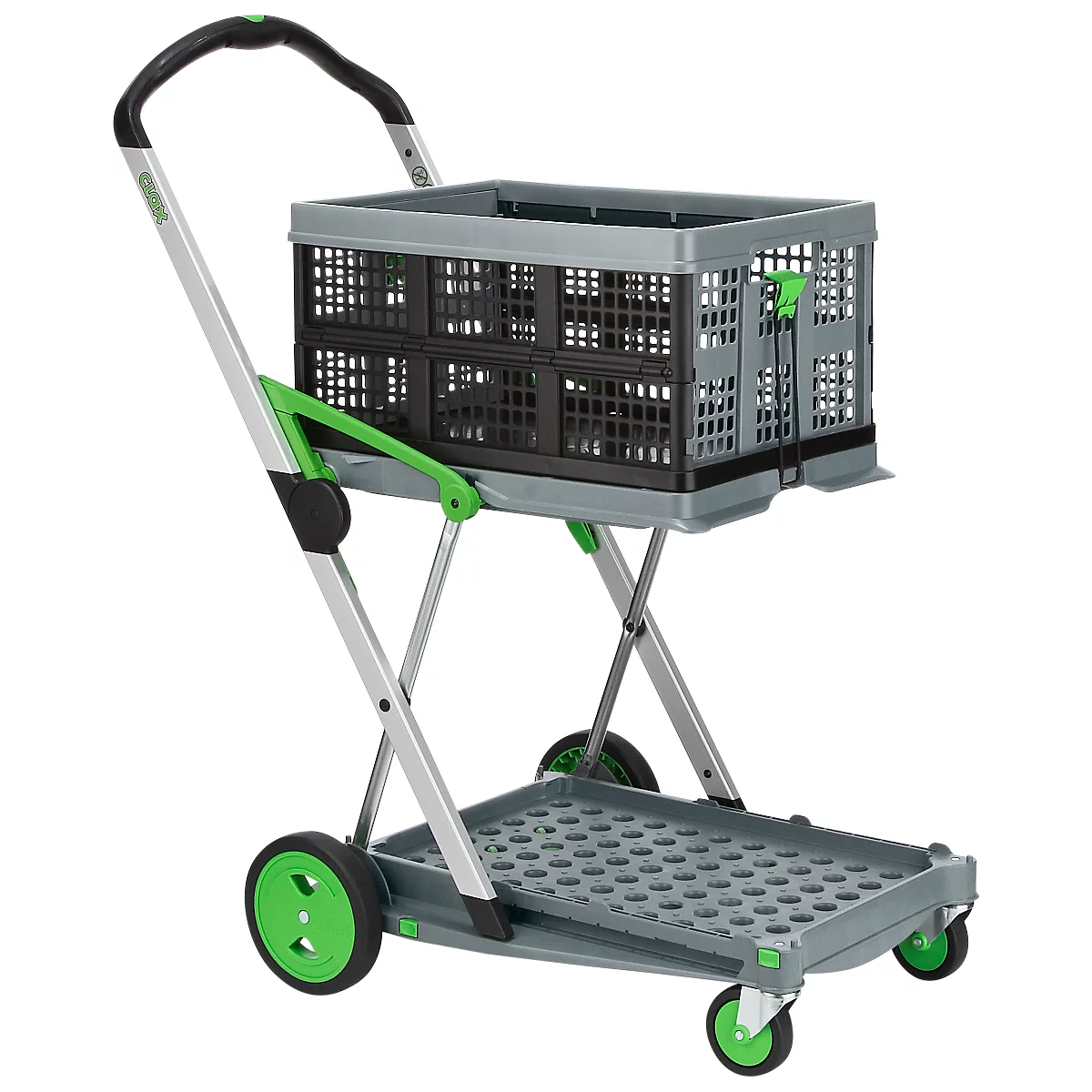 Klappmobil CLAX®, 2 Etagen, Tragkraft bis 60 kg, Lenk- & Bockrollen, inkl. 46 l Klappbox, Aluminium & Kunststoff, grau/grün