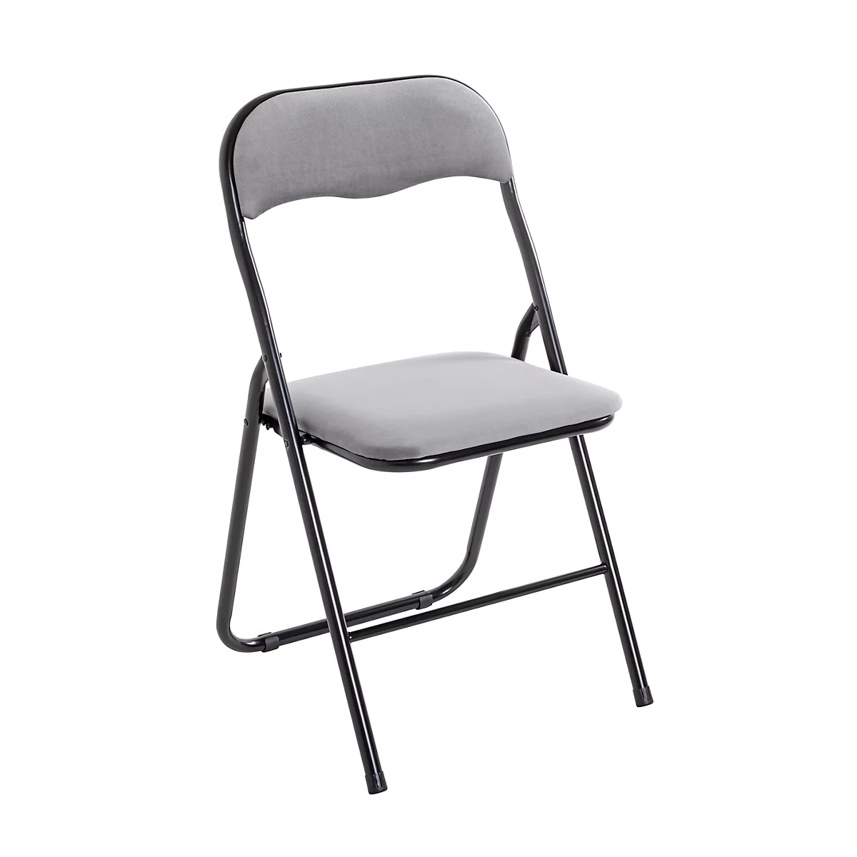 Grauer Klappstuhl mit schwarzem Rahmen. Sitzfläche und Rückenlehne gepolstert.