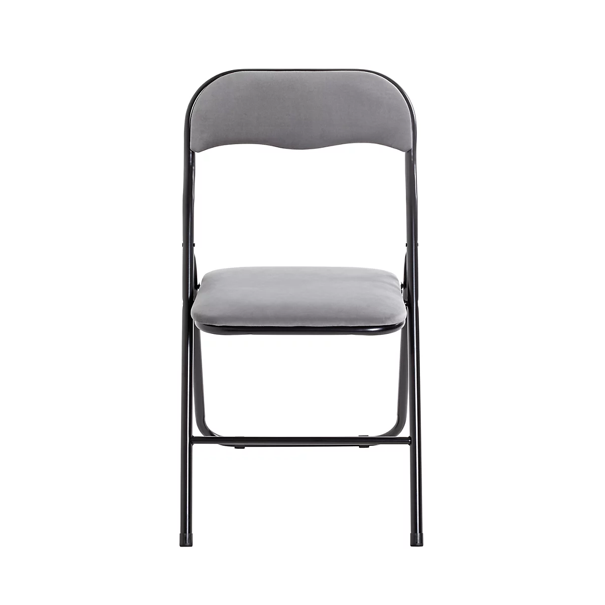 Ein grauer Klappstuhl mit gepolsterter Sitzfläche und Rückenlehne, schwarzes Metallgestell.