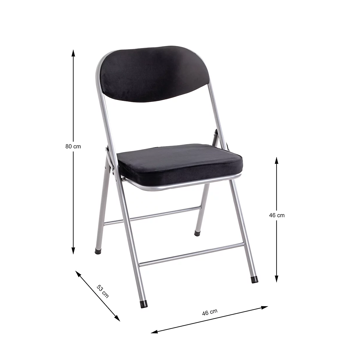 Klappstuhl mit gepolsterter Sitzfläche und Rückenlehne. Maße sind am Stuhl angezeigt.