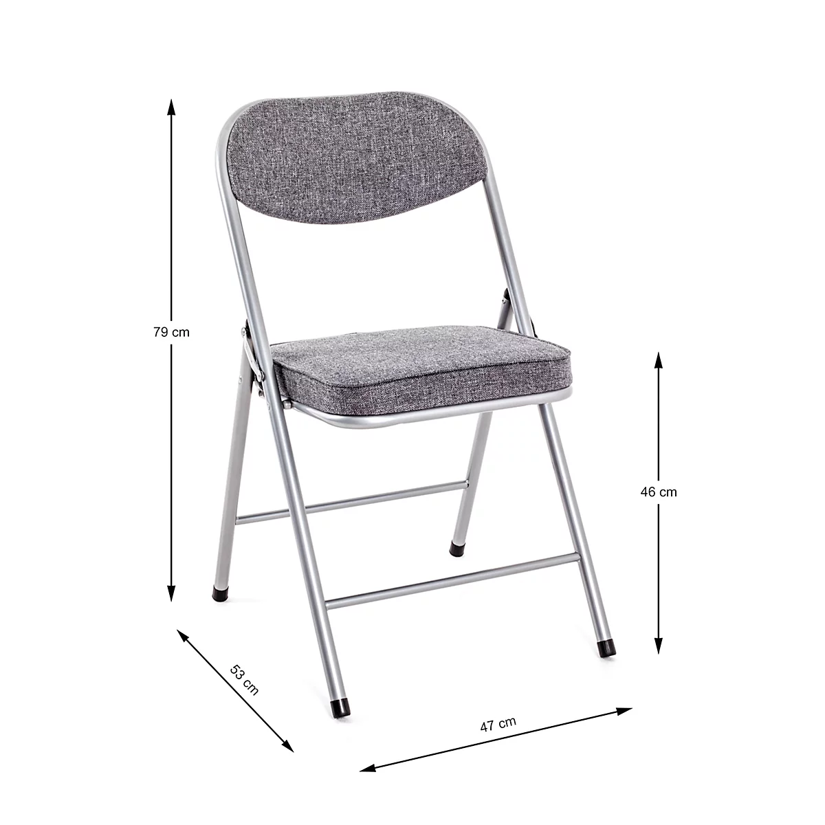 Grauer Klappstuhl. Maße: 79 cm hoch, 53 cm breit, 47 cm tief. Sitzhöhe 46 cm.