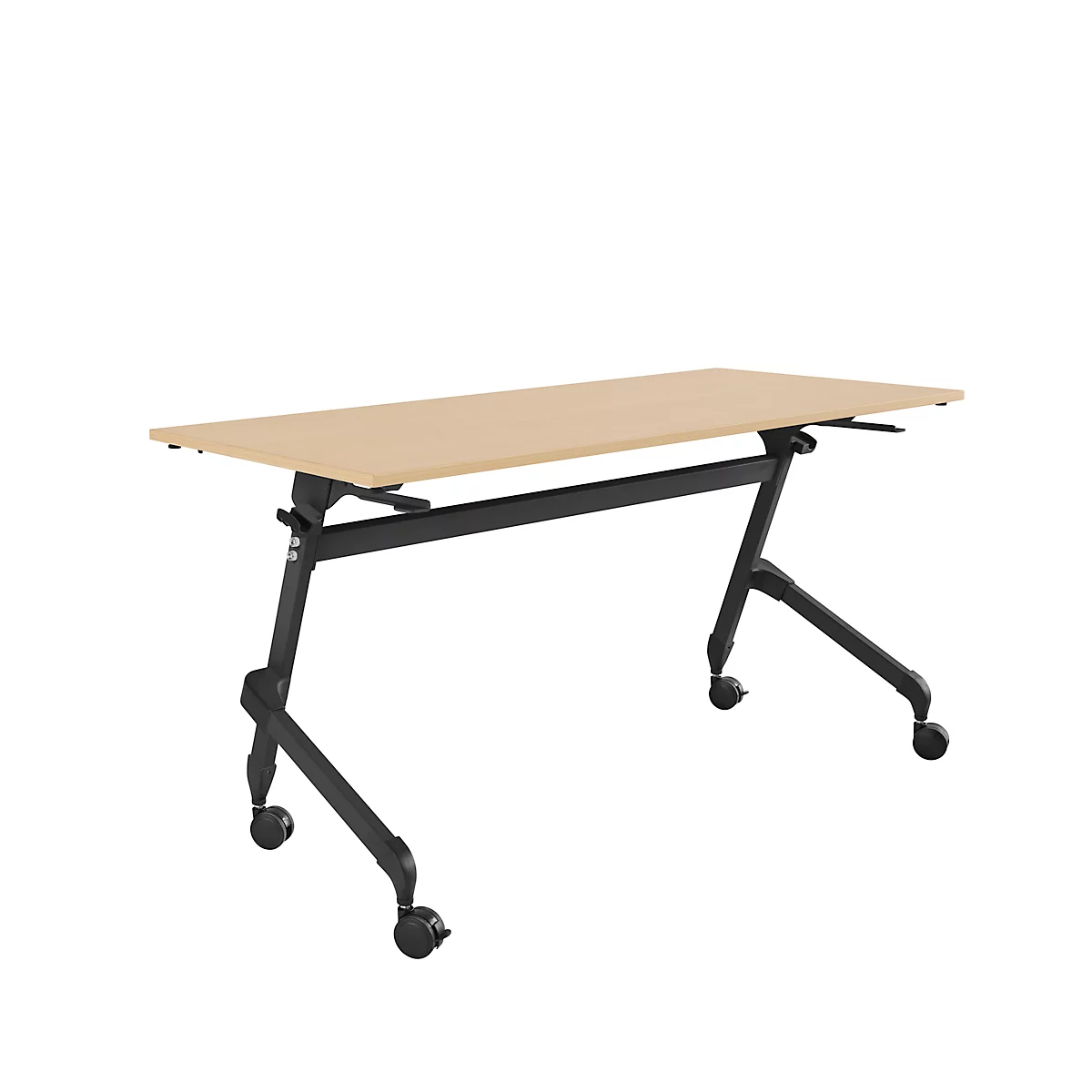 Klapptisch, mit 4 feststellbaren Rollen, Rechteck, Rundrohr, B 1400 x T 600 x H 720 mm, Ahorn-Dekor/schwarz