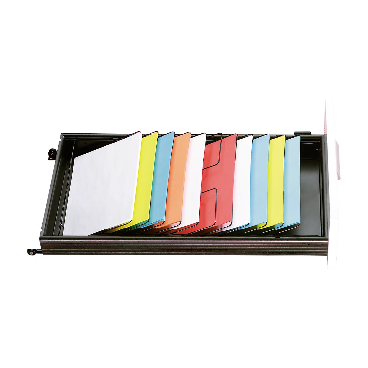 Zwarte lade met gekleurde hangmappen. De documenten zijn gesorteerd en gelabeld.