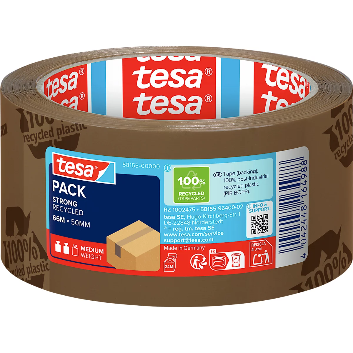 Braunes Klebeband von Tesa, mit Aufdrucken und Labeln. Es steht auf einer weißen Oberfläche.