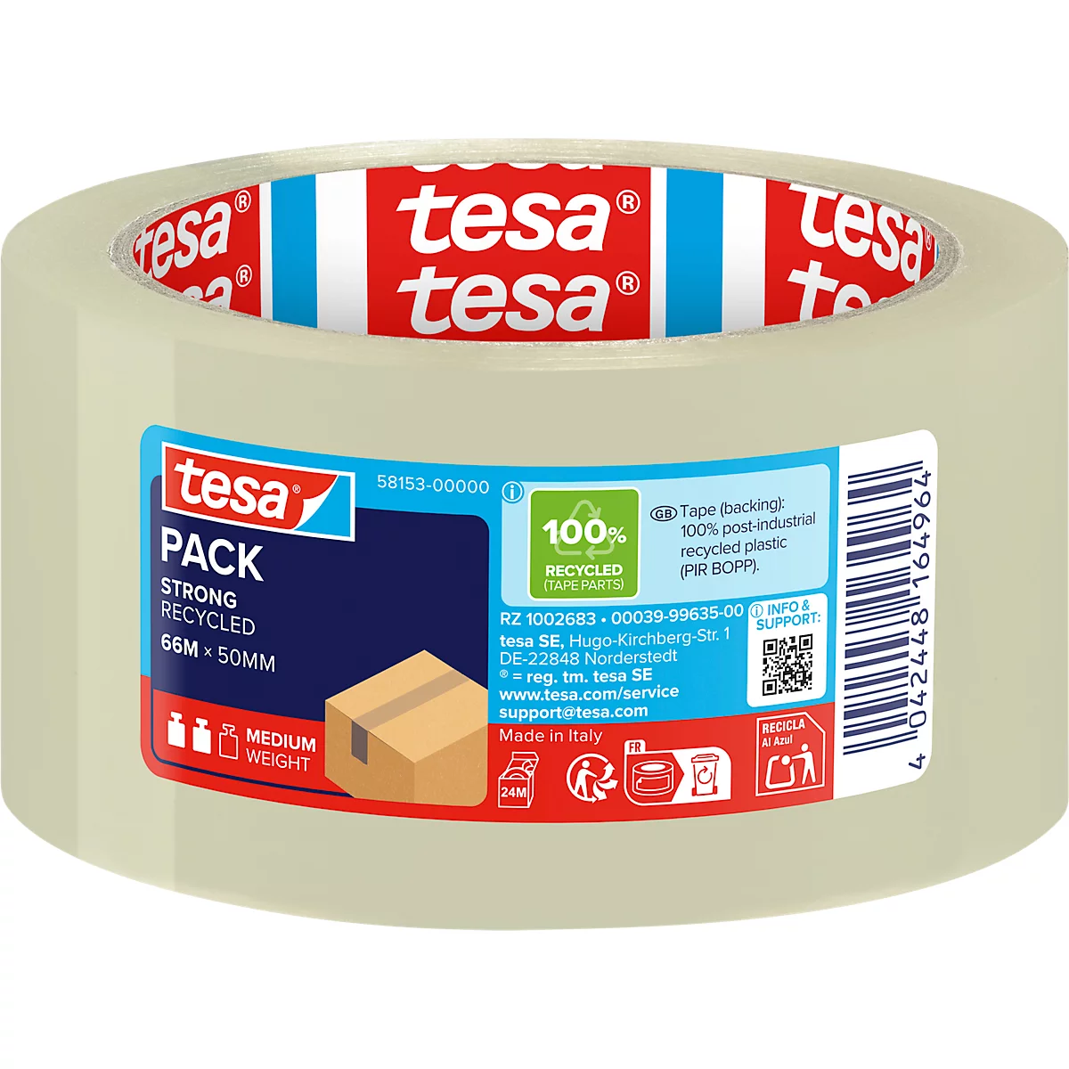 Tesafilm-Rolle mit roter und blauer Verpackung, Text: Pack, strong recycled, 66m x 50mm, 100% recyceltes Material.