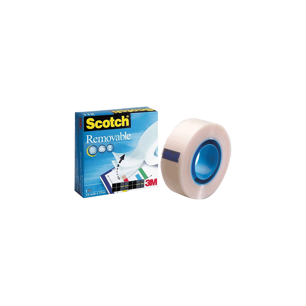 Durchsichtiges Klebeband und Schachtel von Scotch. Auf der Schachtel steht Scotch, Removable.