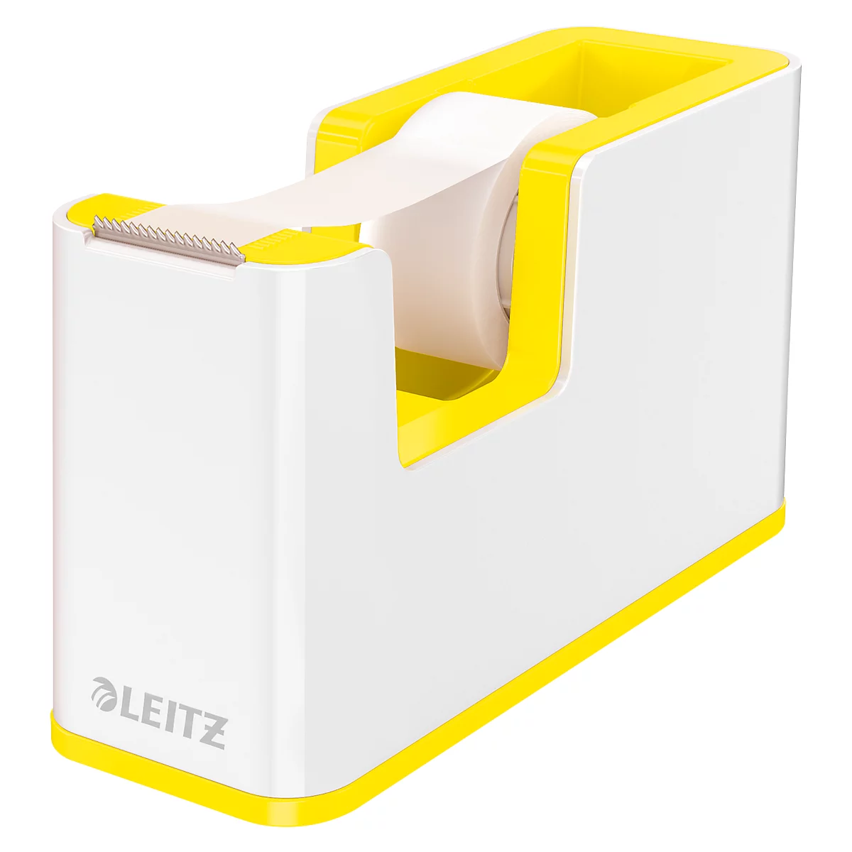 Weißer und gelber Klebebandabroller mit der Aufschrift 'LEITZ'.